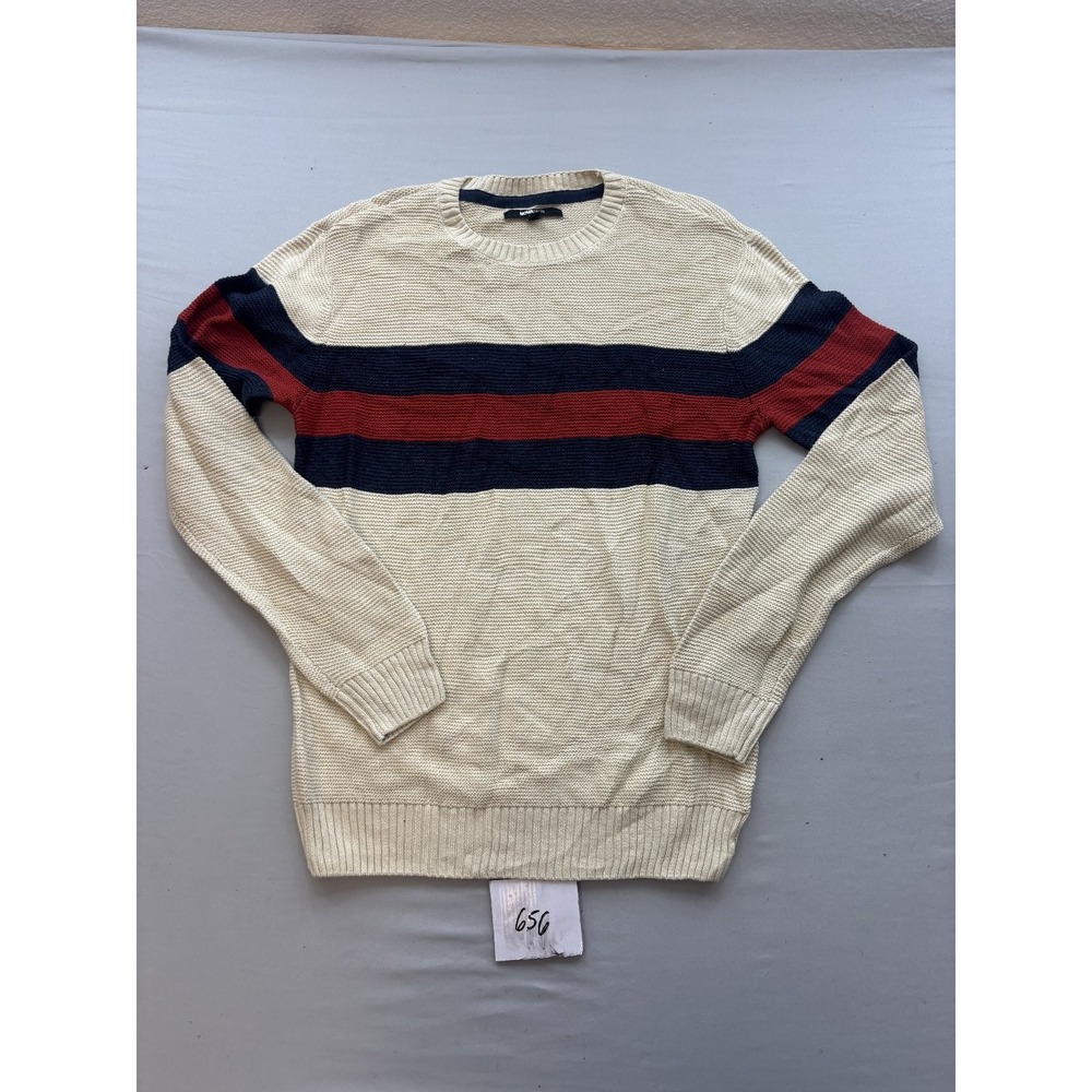 NOVAMEN Mens Size M Cream Navy Red Striped Crew Neck Knit Pullover Sweater